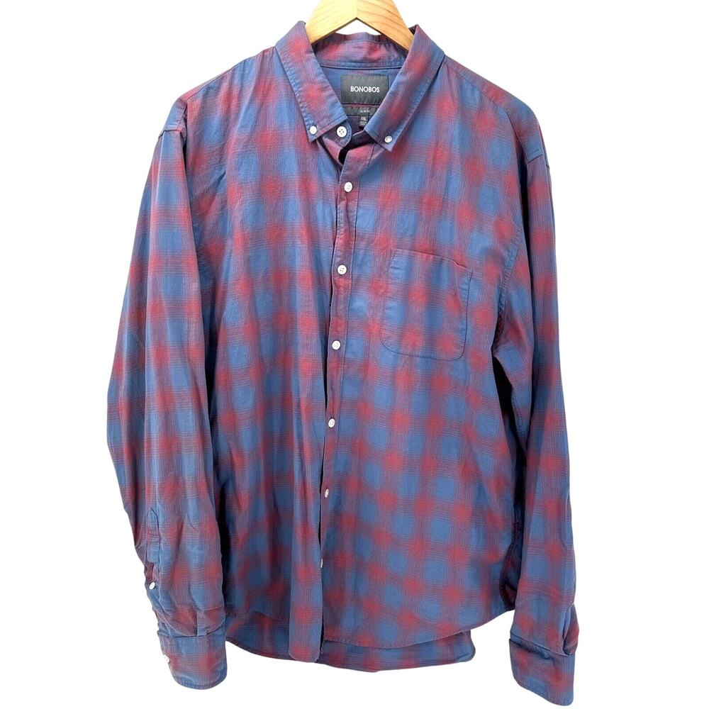 Bonobos Shirt Mens XXL Blue Pink Plaid Long Sleeves Button Down Slim Fit